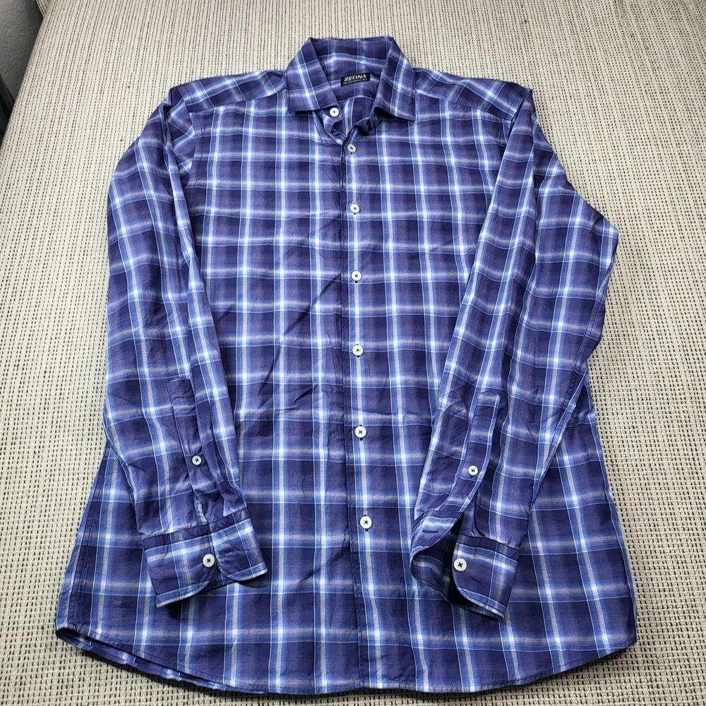Zegna Dress Shirt Mens M‎ Blue Plaid Regular Fit Long Sleeve Cotton Business